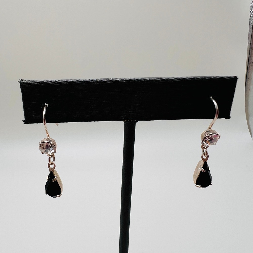 Black‎ Teardrop Dangle Earrings Silver Tone Clear Accent Stone Hook Back Drop